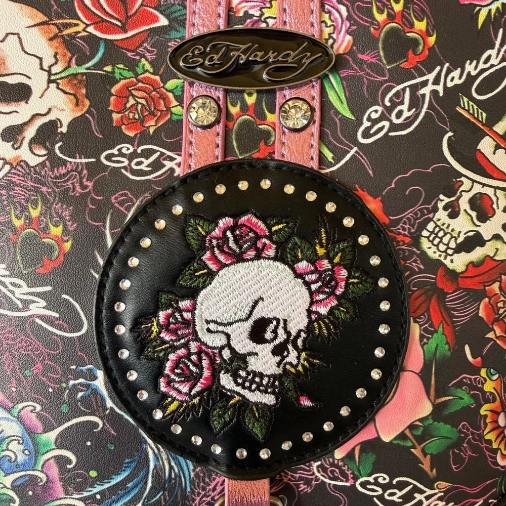Ed Hardy Skull Roses‎ Tattoo Crossbody Bag Studded Y2K Purse NWT Metallic Pink